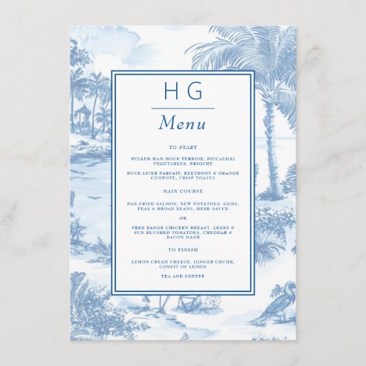 Blue Coastal Toile Trouwdiner Receptie Menu (Voorkant)
