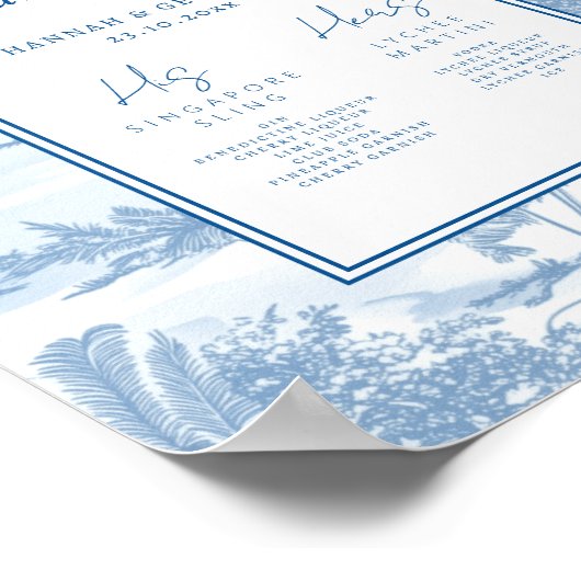 Blue Coastal Toile Trouwhandtekening Drinken teken Poster (Hoek)