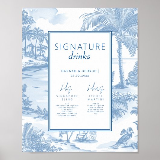Blue Coastal Toile Trouwhandtekening Drinken teken Poster (Voorkant)