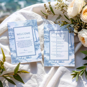 Blue Coastal Toile Trouwprogramma Welkomstkaart Kaart