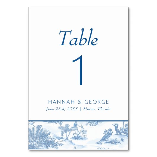 Blue Coastal Toile Trouwtafel nummer Kaart (Voorkant)