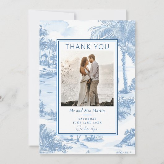 Blue Coastal Toile Wedding Bedankt kaart (Voorkant)