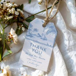 Blue Coastal Toile Wedding Bedankt kaart Cadeaulabel