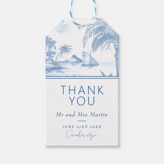Blue Coastal Toile Wedding Bedankt kaart Cadeaulabel (Voorkant)