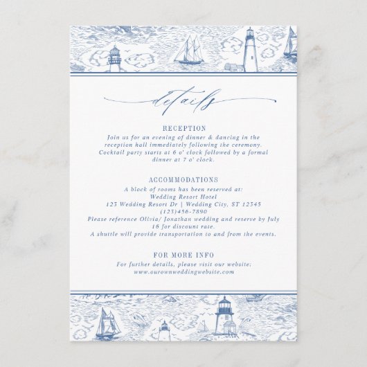 Blue Coastal Toile Wedding Details Informatiekaartje (Voorkant)