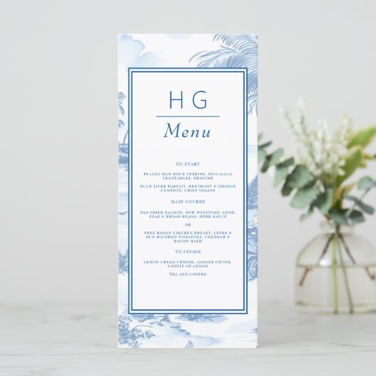 Blue Coastal Toile Wedding Flat Menu (Staand voorkant)