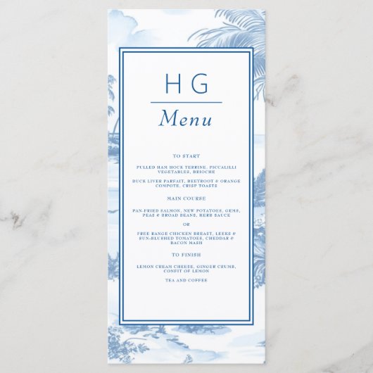 Blue Coastal Toile Wedding Flat Menu (Voorkant)