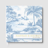 Blue Coastal Toile Wedding Gold Foil Luxe Gastenboek (Voorkant)