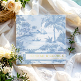 Blue Coastal Toile Wedding Gold Foil Luxe Gastenboek