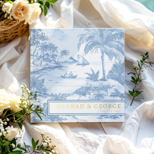 Blue Coastal Toile Wedding Gold Foil Luxe Gastenboek