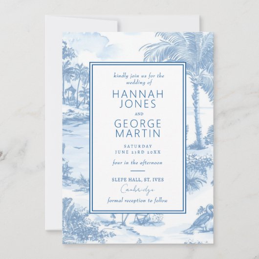 Blue Coastal Toile Wedding Invitation Card Kaart (Voorkant)