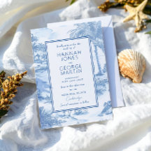 Blue Coastal Toile Wedding Invitation Card