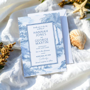 Blue Coastal Toile Wedding Invitation Card Kaart