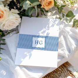 Blue Coastal Toile Wedding Monogram Uitnodigingen Wikkel
