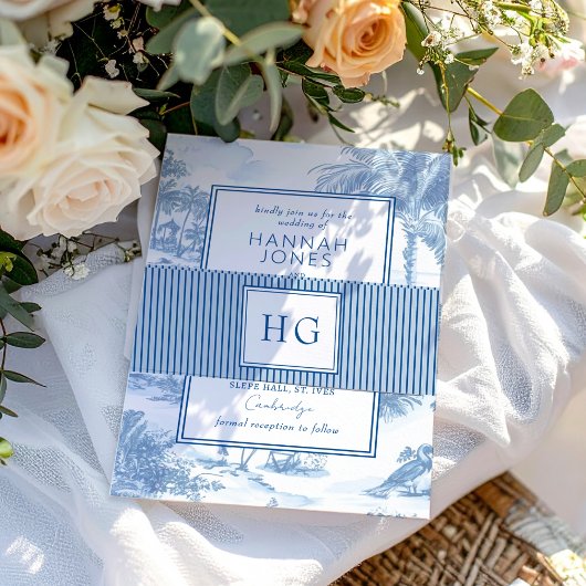 Blue Coastal Toile Wedding Monogram Uitnodigingen Wikkel