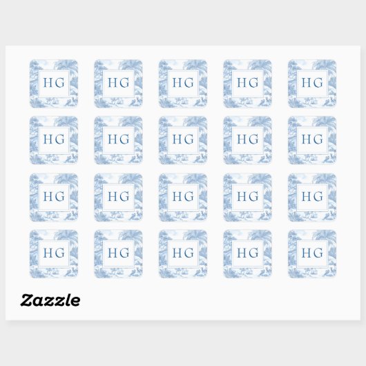 Blue Coastal Toile Wedding Monogram Vierkante Sticker (Vel)