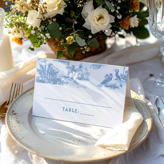 Blue Coastal Toile Wedding Place Cards Plaatskaartje
