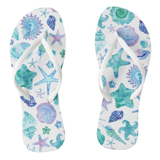 Blue Coastal Waterverf Zee shell en zeesterren Teenslippers (Voetbed)