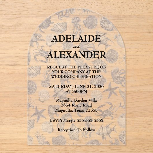 Blue Coastal Wedding Acryl Uitnodigingen (Voorkant)