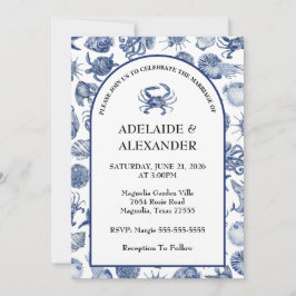 Blue Coastal Wedding Invitation Kaart
