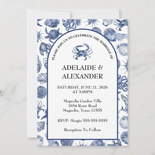 Blue Coastal Wedding Invitation Kaart (Voorkant)