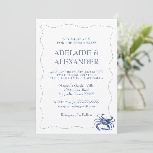 Blue Coastal Wedding Invitation Kaart (Staand voorkant)