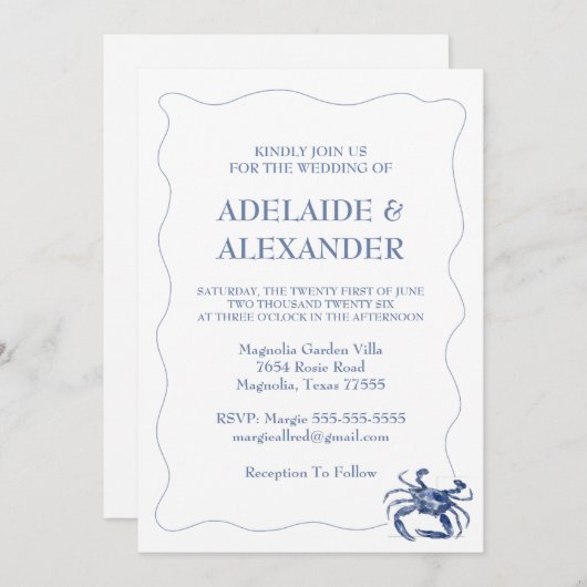 Blue Coastal Wedding Invitation Kaart (Voorkant / Achterkant)