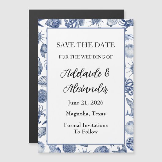 Blue Coastal Wedding Magnetische Uitnodiging (Voorkant / Achterkant)