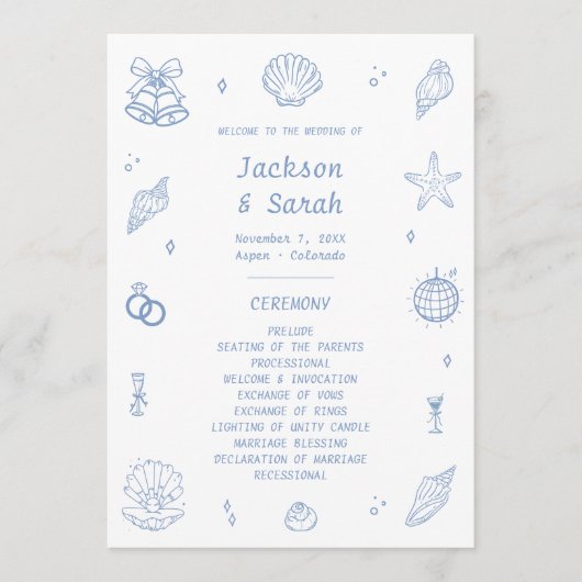 Blue Coastal Wedding Programma Programmakaart (Voorkant)