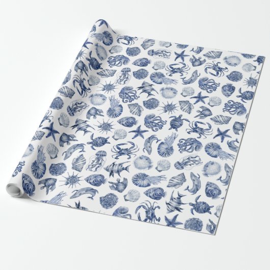 Blue Coastal Wrapping Paper Flat Sheet Set of 3 Cadeaupapier (Uitgerold)