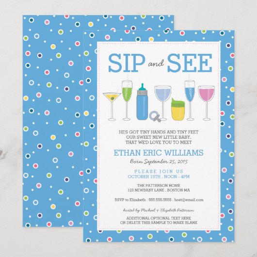 Blue Cocktail Nieuwe Baby Boy Sip en Zie Uitnodigi Kaart (Voorkant / Achterkant)
