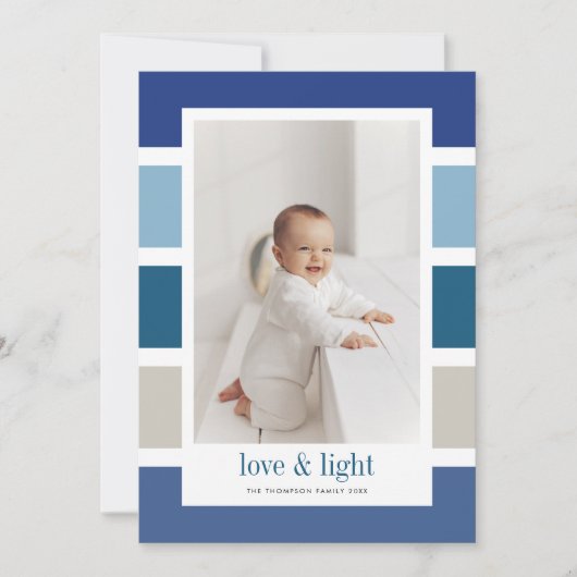 Blue Color Block Love en Light Happy Hanukkah Feestdagenkaart (Voorkant)