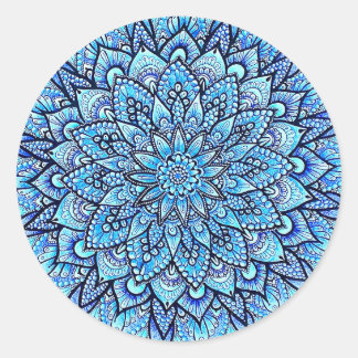 Blue Color Pencil Hand Drawn Mandala Design Ronde Sticker