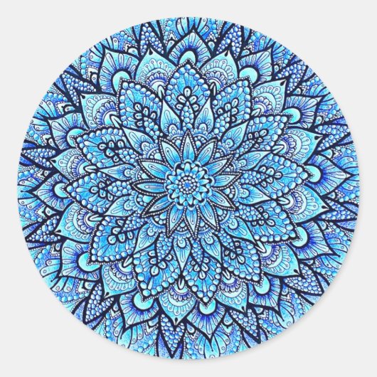 Blue Color Pencil Hand Drawn Mandala Design Ronde Sticker (Voorkant)