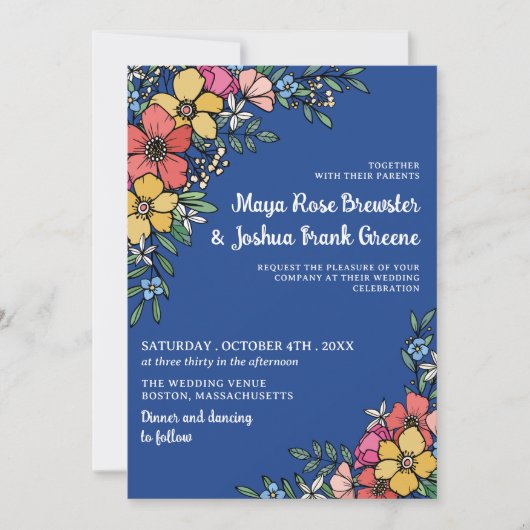 Blue Colorful Flowers Spring Summer Wedding Kaart (Voorkant)