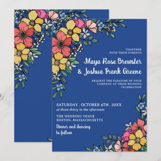 Blue Colorful Flowers Spring Summer Wedding Kaart (Voorkant / Achterkant)