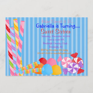 Blue Colorful Lots of Snoep Sweet 16 Invitation Kaart