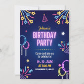 Blue Colorful Neon Birthday Party Invitation Kaart (Voorkant)