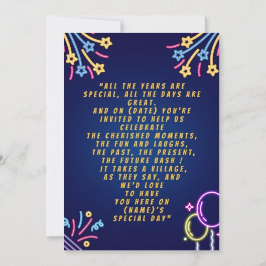 Blue Colorful Neon Birthday Party Invitation Kaart (Achterkant)