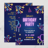 Blue Colorful Neon Birthday Party Invitation Kaart (Voorkant / Achterkant)