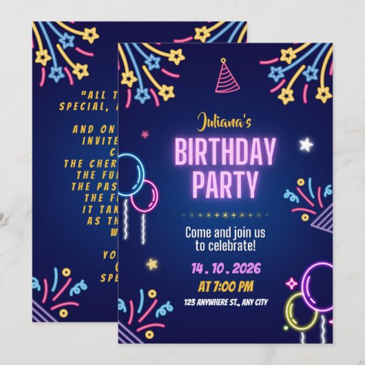 Blue Colorful Neon Birthday Party Invitation Kaart (Voorkant / Achterkant)