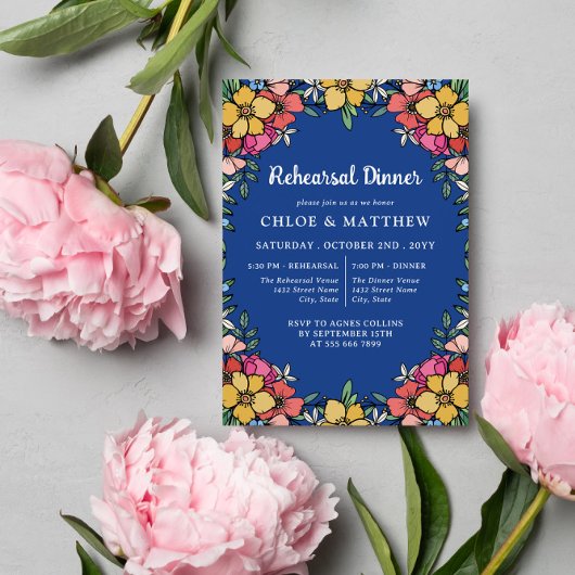Blue Colorful Pink Flowers Rehearsal Dinner Kaart