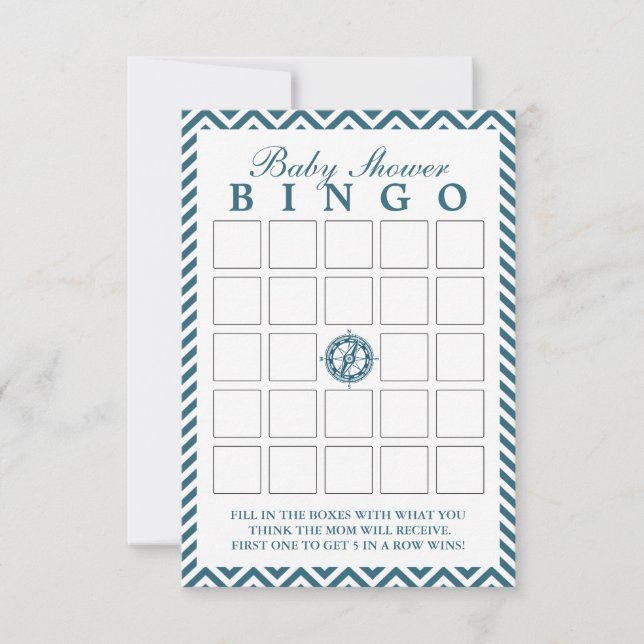 Blue Compass Chevron Baby shower Bingo Kaarten (Voorkant)