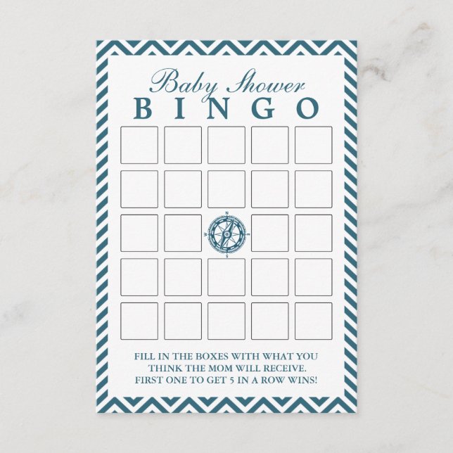 Blue Compass Chevron Baby shower Bingo Kaarten (Voorkant)