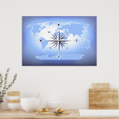 Blue Compass Roos Wereldkaart Print Poster (Keuken)
