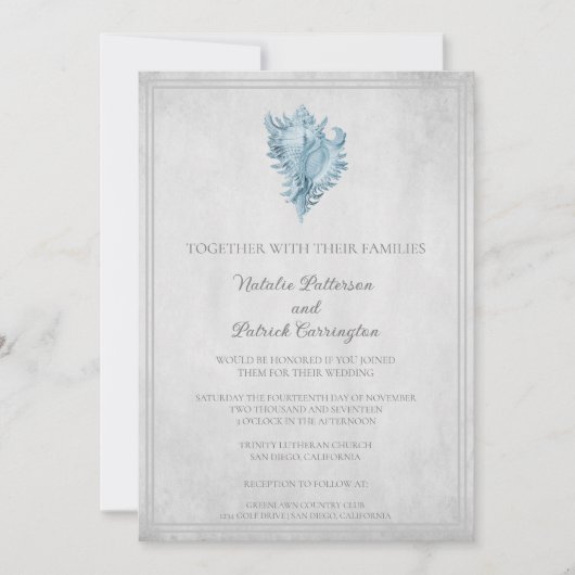 Blue Conch Shell Wedding Invitation Kaart (Voorkant)
