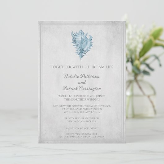 Blue Conch Shell Wedding Invitation Kaart (Staand voorkant)