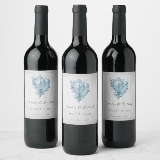 Blue Conch Shell Wedding Wine Label Wijn Etiket (Flessen)