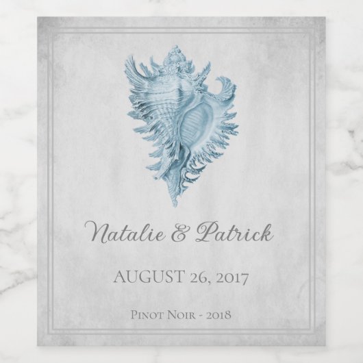 Blue Conch Shell Wedding Wine Label Wijn Etiket (Enkel label)