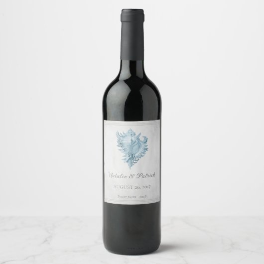 Blue Conch Shell Wedding Wine Label Wijn Etiket (Voorkant)